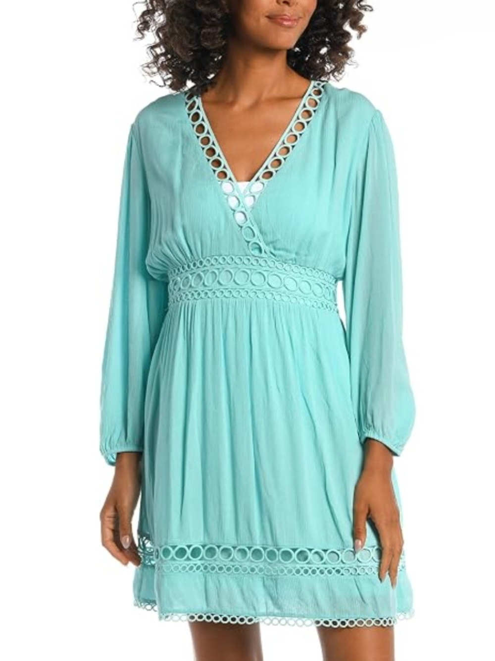 La Blanca Women's Long Sleeve Mini Dress Swimsuit Cover Up Light Blue Viscose M